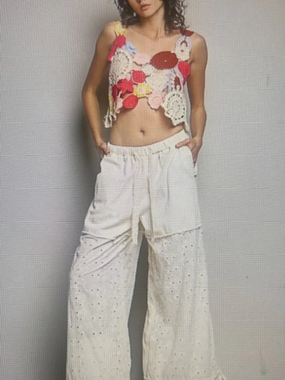 POL Ivory Pink Hand Made Crochet Motif Weaved Heart Neck Cropped Knit Top NEW - Picture 12 of 16